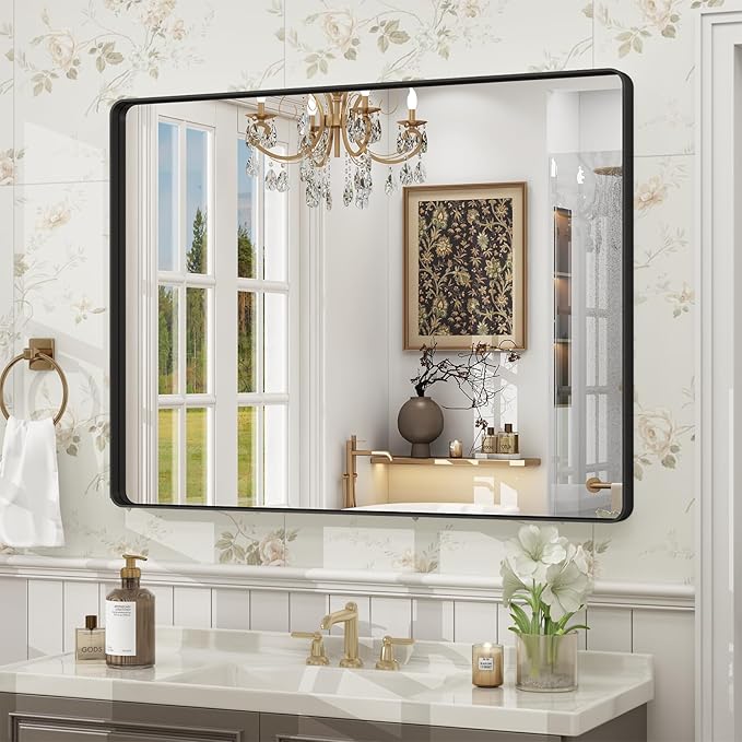 40x30 Inch Black Framed Bathroom Mirror for Wall, Matte Metal Framed Wall Mirror, Rounded Rectangle Bathroom Vanity Mirror, Tempered Glass, Anti-Rust, Shatterproof (Horizontal/Vertical)