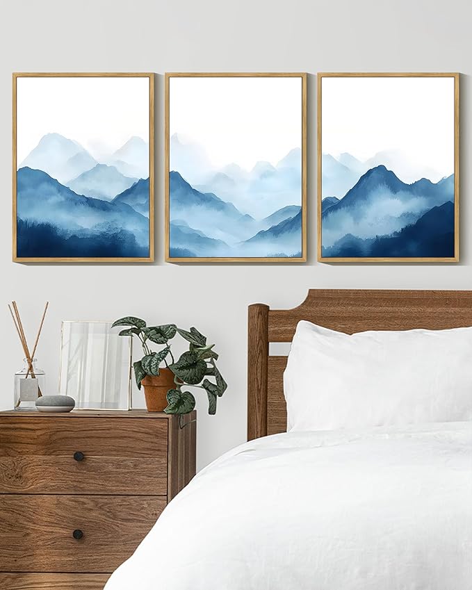 KUVIOKE Blue Watercolor Mountains in Fog Framed Wall Art Wilderness Nature Landscape Painting Rustic Scenic Relax Cool Home Decor 12x16in (Natural Framed)