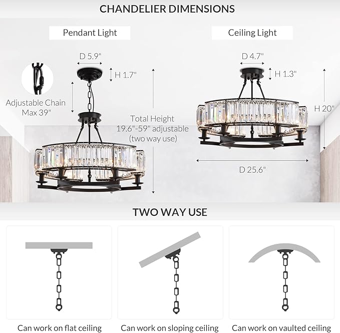 NOXARTE Round Crystal Chandelier 6 Lights Hanging Chandelier Pendant Light Ceiling Fixture Black Iron Frame for Dining Room Living Room Farmhouse D26 Inch x H20 Inch