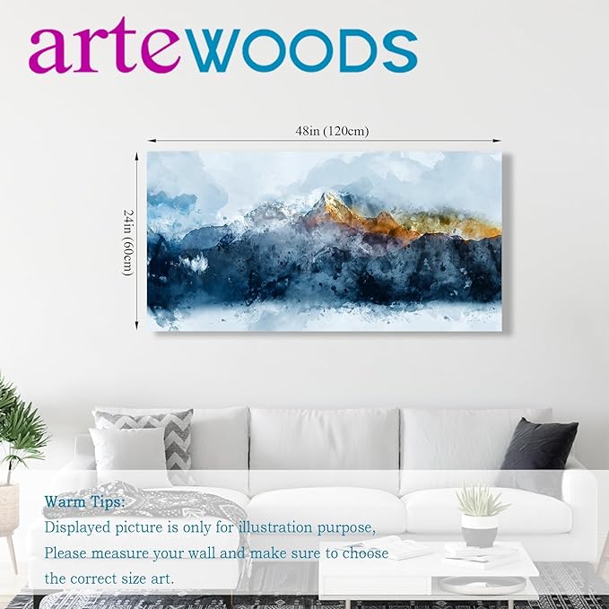 arteWOODS Mountain Canvas Wall Art Indigo Abstract Mountain Painting Prints Blue Clouds Orange Mountain Peaks Pictures Artwork for Living Room Bedroom Gallery Wall Decor Ready to Hang 24" X 48"
