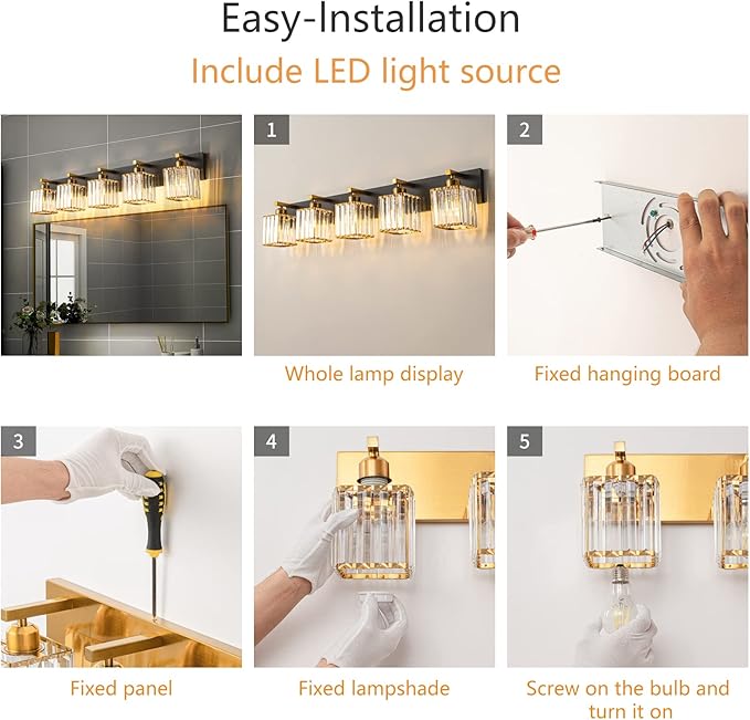 Modern Bathroom Vanity Light 5-Lights Black Gold Crystal Bathroom Wall Light Vanity Light Fixtures，36.22-inch Modern Minimalist Design