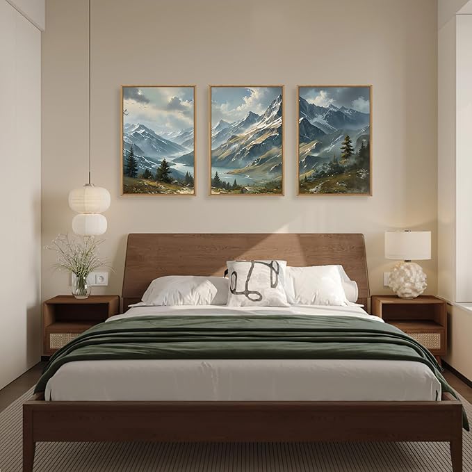 Ausril Nature Mountain Ridge Framed Canvas Wall Art Set, Woodland Landscape Wall Decor, Cloud Misty Forest Wall Painting, Boho Pine Tree River Art Print for Living Room, Bedroom, Office - 16"X24"X3