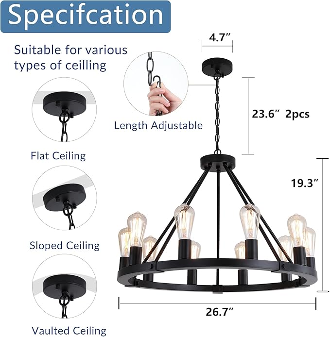 9MMML 10 Lights Wagon Wheel Chandelier, Black Round Globe Wrought Iron Pendant Lights for Dinging&Living Room Kitchen Island Porch Enteyway Hallway,Dia26.4,E26 Bulbs, Heights Adjustable