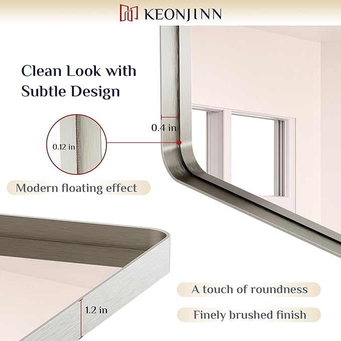 Keonjinn 30 x 30 Inch Brushed Nickel Bathroom Mirrors for Over Sink, Rounded Rectangle Silver Bathroom Vanity Mirror, Square Farmhouse Mirror for Wall, HD Tempered Glass, Aluminum Alloy Frame