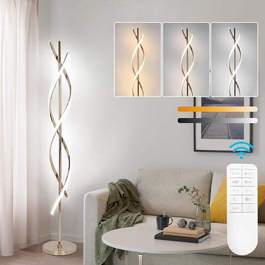 LED Modern Floor Lamp for Living Room, 40W 3 Colors Stepless Dimmable and Color-Changing Bright Floor Standing Lamp,60" Unique Spiral Floor Tall Lamp for Bedroom Office with Remote,Gold