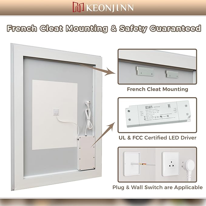 Keonjinn LED Bathroom Mirror 48” x 30” with Frontlit and Backlight, Stepless 3 Colors Temperature & Dimmable Wall Mirror, Tempered Glass, UL Listed LED Driver, Double Lights, Anti-fog Frameless Mirror