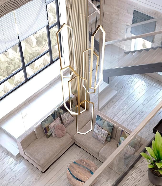 6-Rings Chandelier Modern, Gold Contemporary LED Light for Living Room Entrance, Dimmable Flush Mount High Ceiling Chandeliers with Remote Control for Villa Foyer