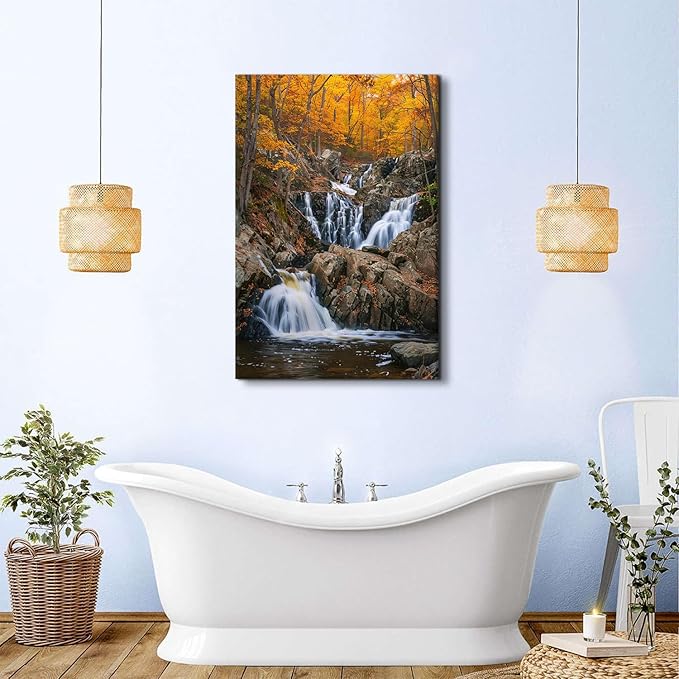 Autumn Orange Forest Wall Art Nature Waterfall Wall Decor Forest River Landscape Picture National Park Posters Rustic Trees Canvas Painting Artwork for Bathroom Living Room Home Decoration 32x48"