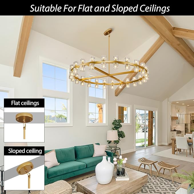 Modern 48 inch Gold Round Chandeliers Light Fixture, Crystal Chandeliers for Dining Room, Living Room Chandelier, Wagon Wheel Chandelier Over Table, Suitable for Bedroom,Foyer,Includes Bulbs