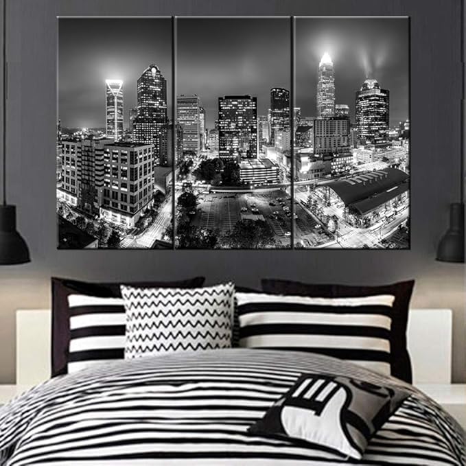 Canvas Print Wall Art Painting for Home Decor Black and White Charlotte Skyline Night Buildings Cityscape Coastline Paintings Artwork the Picture City Photo Prints On Canvas - 40‘’x20‘’x3 panels