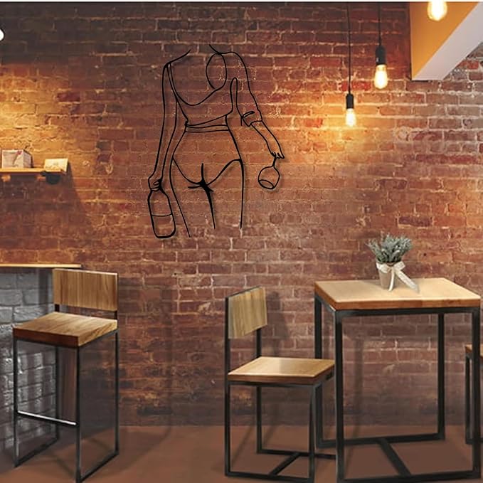 Metal Wall Art Woman Drinking Wine, Modern Minimalist Abstract Line Sculpture, Feminine Wall Decor for Living Room, Dining Room, Bar, Kitchen, Perfect Wine Lover Birthday Housewarming Gift – Black 23.6"x16.9"