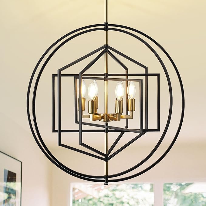 26 Inch Black and Gold Chandelier, 6-Light Farmhouse Chandelier for Entryway, Industrial Foyer Lighting Fixtures, Large Chandeliers for High Ceilings, Modern Hanging Pendant Lights for Staircase