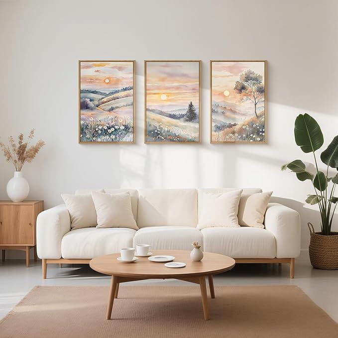 Ausril Pink Boho Sunset Framed Canvas Wall Art Set, Watercolor Sunrise Wildflower Wall Decor, Pink Nature Wall Painting, Botanical Flower Art Print for Living Room, Bedroom, Office, Hallway 16"X24"X3