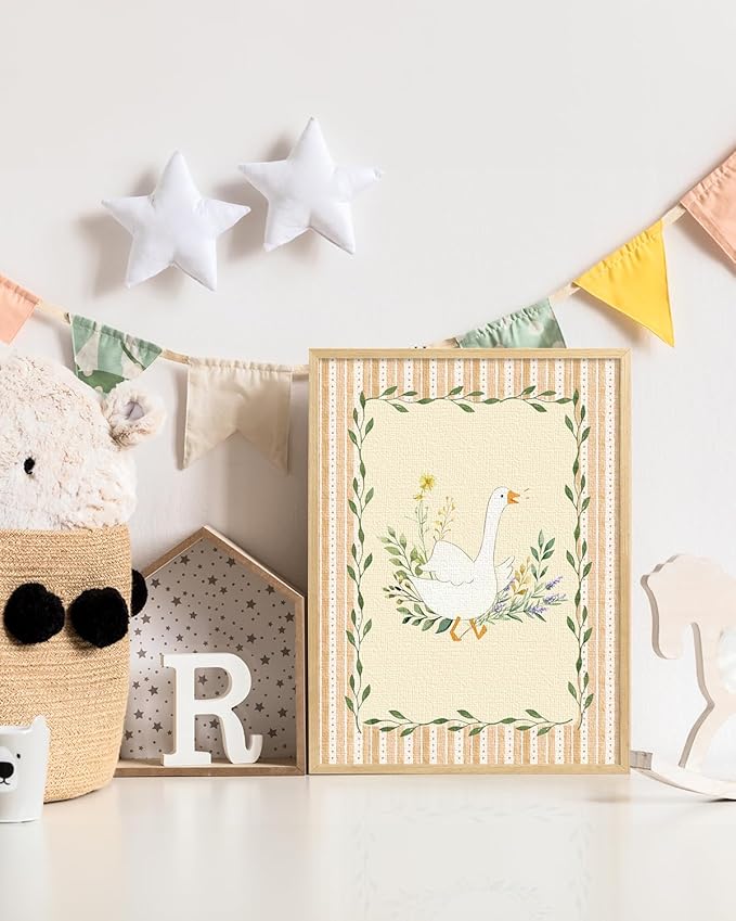 ARPEOTCY Small Framed Canvas Wall Art, 12x16in, Silly Goose Floral Art, Nursery Wall Decor for Kids boys girls baby Room, Vintage Bedroom Decor