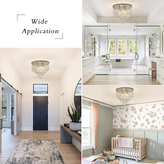 4-Light Crystal Chandeliers Flush Mount, 14 Inches Bedroom Close to Ceiling Lamp, Modern G9 Base Ceiling Light Fixture for Dining Room, Bedroom, Bathroom, Living Room, Closet (Chrome)