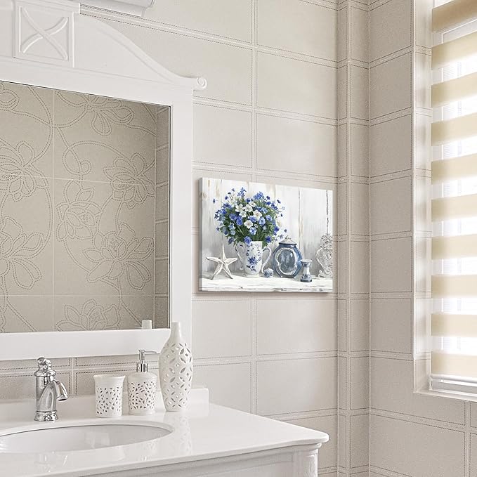 Nicetop Bathroom Decor Wall Art Vintage Coastal Picture Blue and White Anemone Flowers in Vase with Starfish and Bottle Pottery Canvas Print Rustic Country Farmhouse Artwork for Bedroom 16x12 Inch