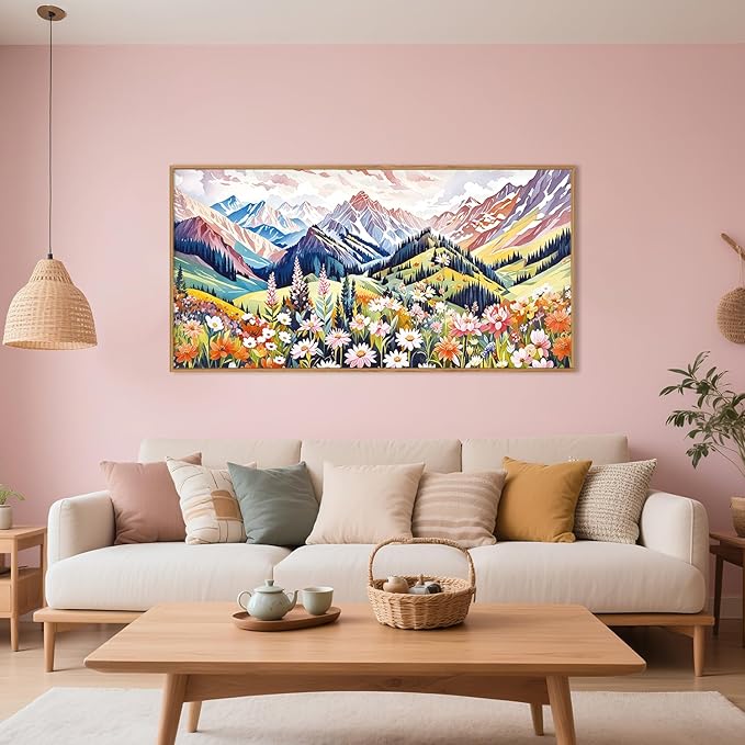 Large Colorful Scenery Framed Canvas Wall Art, Abstract Floral Mountain Wall Decor,Boho Botanical Landscape Artwork,Brilliant Nature Art Print for Living Room, Bedroom, Office- 40"x20"
