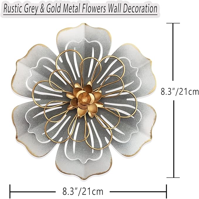 Metal Flower Wall Art Decor, 8.3" Rustic Modern Floral Sculpture, Distressed Iron Wall Hanging Home Decoration Accent Artworks for Indoor Kitchen Bedroom Living Room Office Outdoor Garden Patio - 06