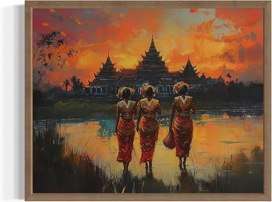 Cambolia Art Print Poster, Asia Oriental Countries Culture Wall Art Asian Paintings for Bedroom Bathroom Living Room Decor 97 (Cambolia, 11 x 14 inches, Wood Frame)
