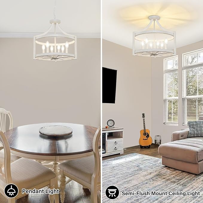 6-Light Farmhouse Chandelier, Distressed Hanging Pendant Lighting, Convertible Semi Flush Mount Ceiling Light Fixture Vintage White Metal Chandeliers for Dining Room Kitchen Foyer Entryway