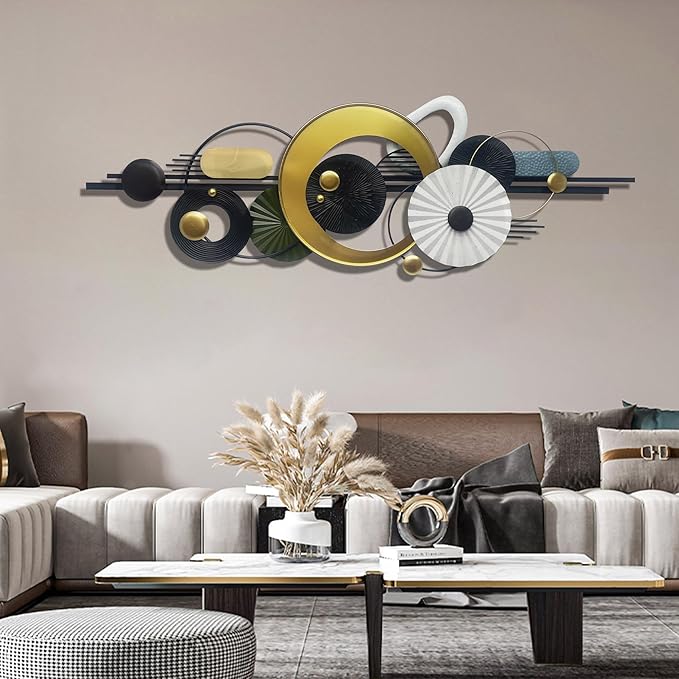 Metlzks Modern Abstract Metal Wall Art,Large 59×20 Inches Wall Decor, Geometric Circles Design Wall Sculptures, Gold Black White, Wall Decoration for Living Room Bathroom Bedroom Dining Room
