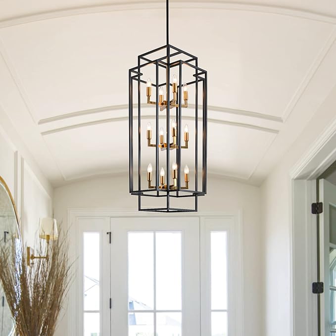 12-Light High Ceiling Chandeliers for Entryway, Black and Gold Large Pendant Light, Farmhouse Foyer Lighting Fixtures for Staircase Entry Dinning Room Kitchen Island