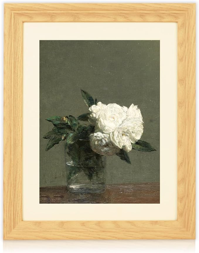 Brivoria Framed Canvas Wall Art Vintage Decor, White Roses in Clear Glass Vase Realist Botanical Still Life Print for Entryway Bedroom Kitchen Bathroom Hallway Decor, 13"x16"