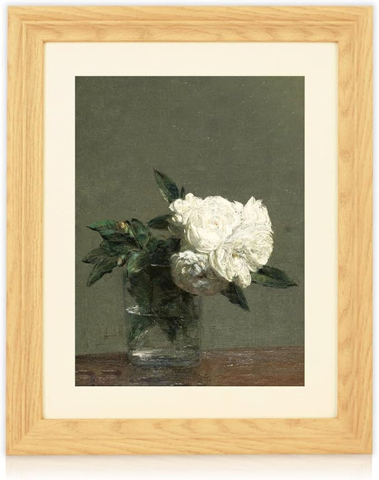 Brivoria Framed Canvas Wall Art Vintage Decor, White Roses in Clear Glass Vase Realist Botanical Still Life Print for Entryway Bedroom Kitchen Bathroom Hallway Decor, 13"x16"