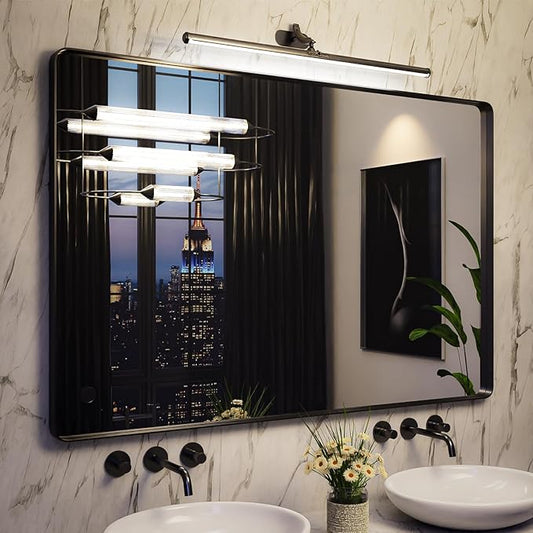 Large Bathroom Mirror for Wall, 60x40 Inch Matte Black Framed Bathroom Vanity Mirror for Farmhouse Living Room Bedroom, Anti-Rust, Tempered Glass, Rounded Corner, Horizontal/Vertical