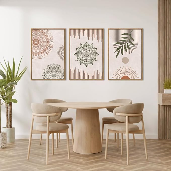 Anyzal Boho Wall Art Framed Large Abstract Geometric Line Paintings Mid-century Modern Plant Wall Decor for Bedroom Living Room Office 16x24 Inches 3 Piece