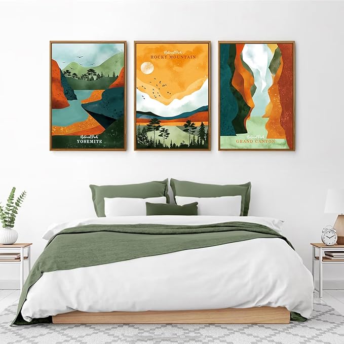 CHDITB Framed National Park Wall Decor, Grand Canyon Rocky Mountain Wall Art Set,Yosemite Sunset Forest Lake Canvas Art Prints, Nature Landscape Wall Painting for Living Room Bedroom Office 24"x36"