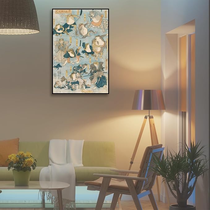 OKRA Utagawa Kuniyoshi Canvas Wall Art Famous Heroes Played By Frogs Poster Japanese Ukiyo-E Woodcut Art Animal Nature Landscape Poster Japanese Classic Wall Decor Unframed 20×30in/50×75cm