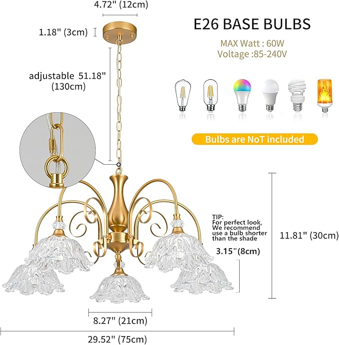 5-Light Vintage Chandeliers in Matte Brass Finish with Crystal Glass Shades, Retro Chandelier Light for Dining Room,Hallway,Kitchen