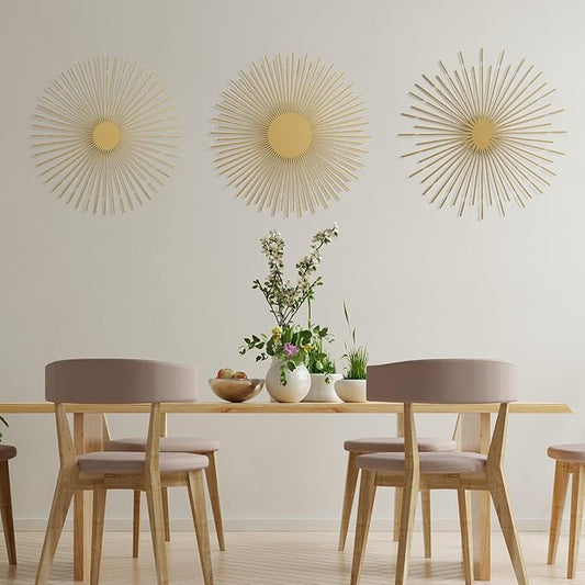 NEODECO Sun Rays-Triple Metal Wall Art, Geometric Sun Decor, Metallic colors, Large 3D wall sculpture, model BCD, Set of 3 (Gold, Medium)