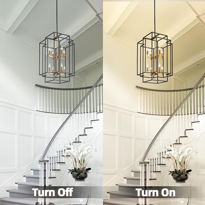 8-Lights Lantern Tiered Pendant Light Fixtures, Industrial Farmhouse Hanging Chandelier for Enterway Dining Room Foyer Living Room Island Kitchen Staircase (Black & Gold)