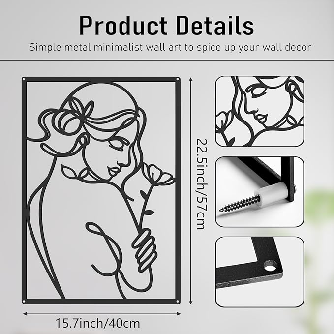 Bakovity Black Metal Wall Art, Abstract Flower Line Sculpture, Black Minimalist Modern Wall Decor for Living Room, Bedroom, Bathroom (4 Pieces, 22.5x15.7 Inches)