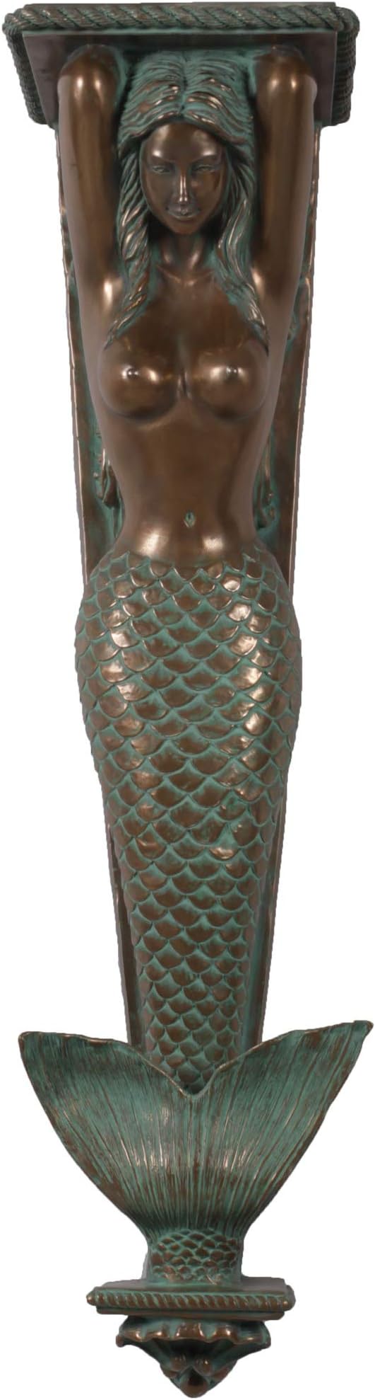 Nautical Tropical Mermaid Pilaster Wall Accent Sculpture (Verde Bronze, Large 43" H)