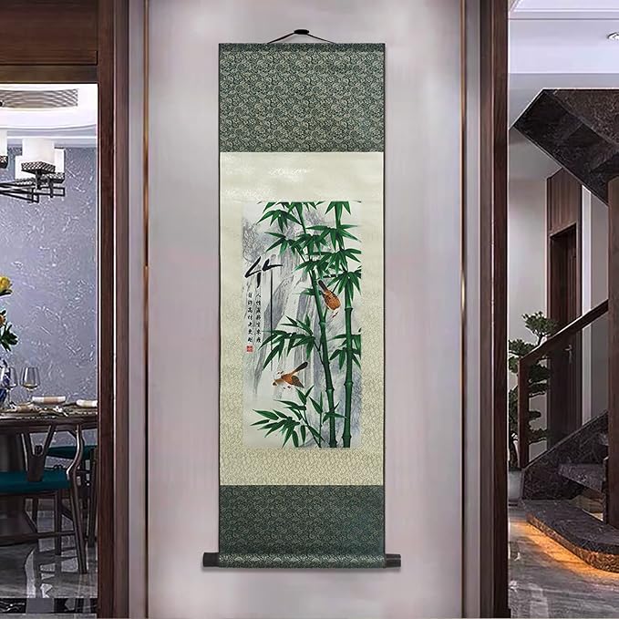 AtfArt Asian Wall Decor Beautiful Silk Scroll Painting 4 Righteous Men Flowers - Plum Orchid Bamboo Chrysanthemum Oriental Decor Chinese Art Wall Scroll Hanging Painting Scroll (4 Piece)…