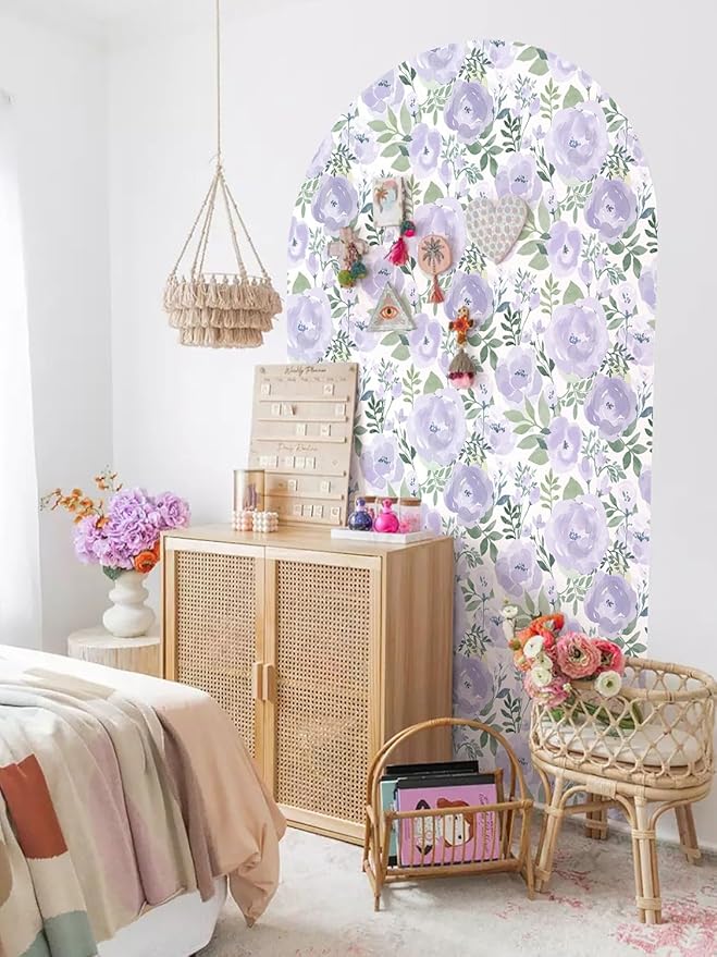 Orainege Floral Wallpaper Peel and Stick Wallpaper Floral Contact Paper 16.9in x118.1in Boho Peony Self Adhesive Removable Wall Paper for Bedroom Decor Vinyl, Purple