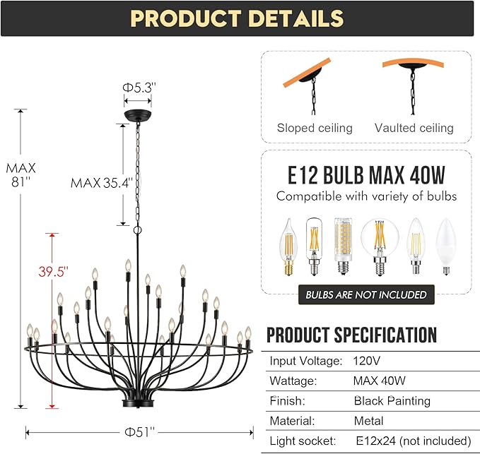 24 Light Black Chandelier 51'' Large Candle Chandeliers for High Ceiling Foyer Modern Farmhouse Chandelier Light Fixture for Large Living Room Dining Room Stairs Entry Restaurant Hotel