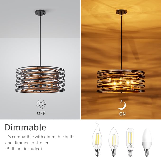 5-Light Farmhouse Drum Chandeliers, 2-Tiers Pendant Light Fixture for Dining Room, Living Room, Bedroom, Adjustable Height 17~47", Wood Texture & Matte Black Finish