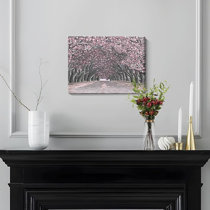 Nicetop Pink Wall Art–Abstract Floral Trees Artwork Canvas Print Romantic Cherry Blossom Nature Forest Path Archway Landscape Picture Decor for Bedroom Girls Room Bathroom, 16x12 Inch