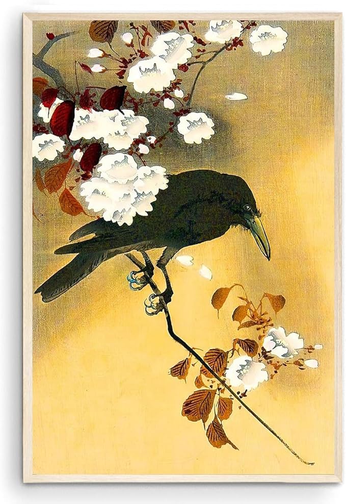 OZCONO Japanese Crow and Cherry Blossoms Wall Art Print, Vintage Ukiyo-e Style, Unframed Gallery Quality Giclée (14L x 11W)