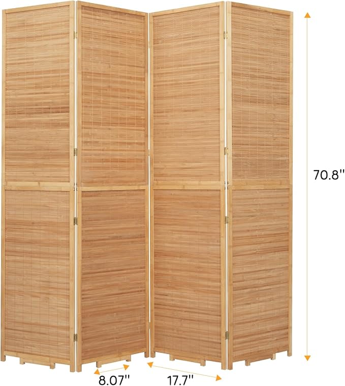 Bamboo Room Divider Folding Privacy Screens, Wall Divider for Room Separation, Portable Room Partitions and Dividers, 5.6FT Bamboo Mesh Woven Room Divider Panel (Brown, 4 Panel)