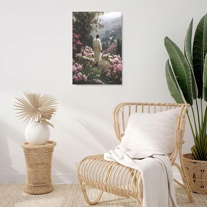 Jesus Wall Art Christian Jesus Lamb Wall Decor Religious God Canvas Painting Pictures Print Christ Decorations for Living Room Bedroom Church Framed Gifts 16”X24”