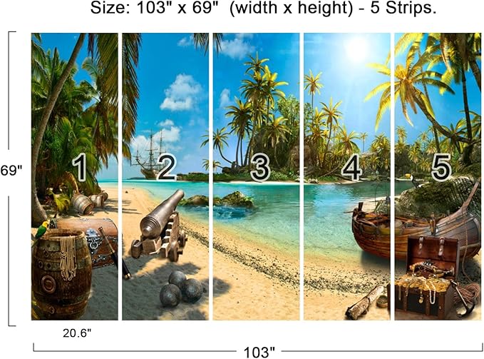 Cliouar-Wall Mural Wallpaper for Bedroom Living Room Wallpaper 3D Wallpaper Decoration Pirate Ship Treasure 103" x 69"(Not Self-Adhesive)