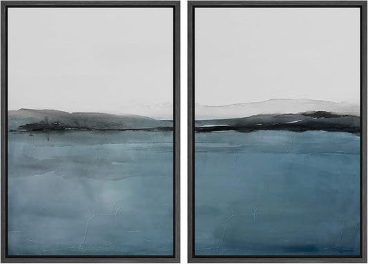 MUDECOR Framed Canvas Print Wall Art Set Blue Pastel Paint Stroke Landscape Abstract Shapes Illustrations Modern Art Decorative Bohemian Calm/Zen for Living Room, Bedroom, Office - 24"x36"x2 Black