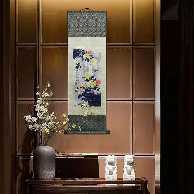 AtfArt Asian Wall Decor Beautiful Silk Scroll Painting 4 Righteous Men Flowers - Plum Orchid Bamboo Chrysanthemum Oriental Decor Chinese Art Wall Scroll Hanging Painting Scroll (Chrysanthemum)