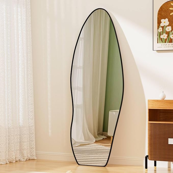 63" X 24" Full Length Mirror Full Body Wavy Mirror Aluminum Alloy Frame Large Wall-Mounted Dressing Hanging or Leaning Against Irregular Wall Mirrors for Living Room Bedroom (Black, 63"x 24")