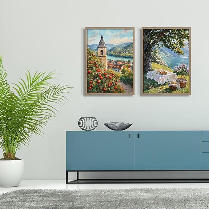 2 Pcs Wooden Framed Vintage Landscape Wall Art Pastoral Scenery Poster Countryside Scenery Artwork Canvas Print Lakeside Tree Shade Gallery Picture Living Room Bedroom Office Wall Decor 12x16 Inch